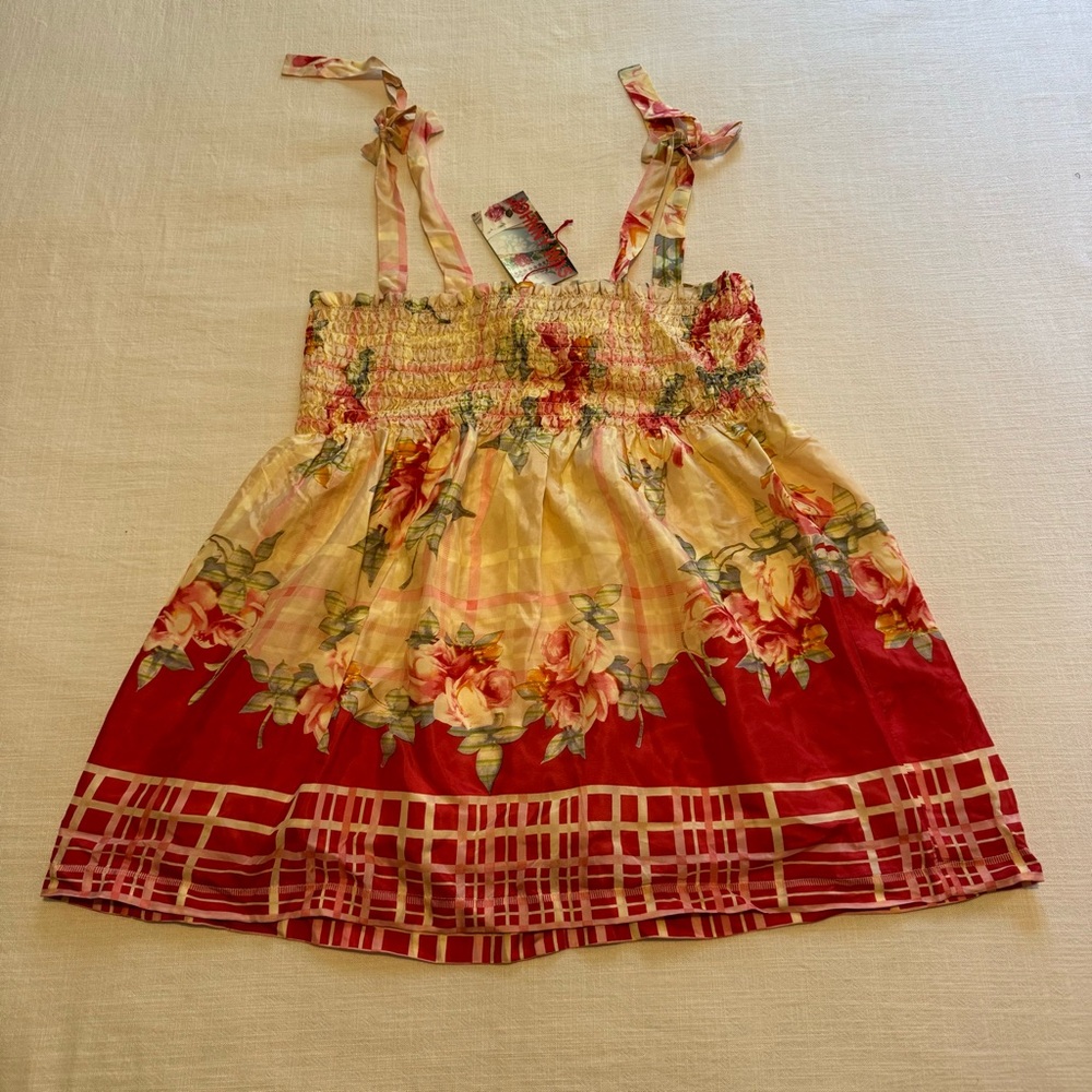 Johnny Was Cream and Red Smocked Tie Front Tank Top